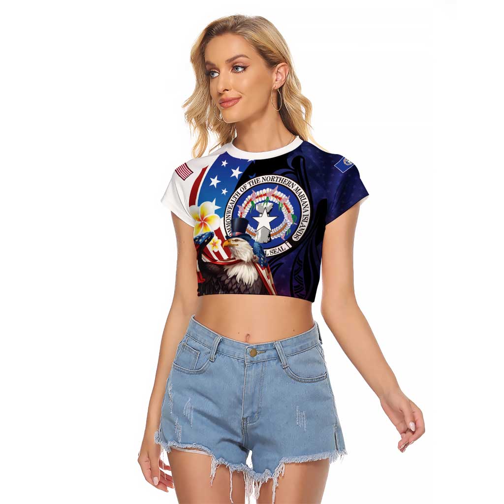 Personalized Northern Mariana Islands 4th of July Raglan Cropped T Shirt Plumeria USA Eagle LT01 Female Multicolor - Polynesian Pride