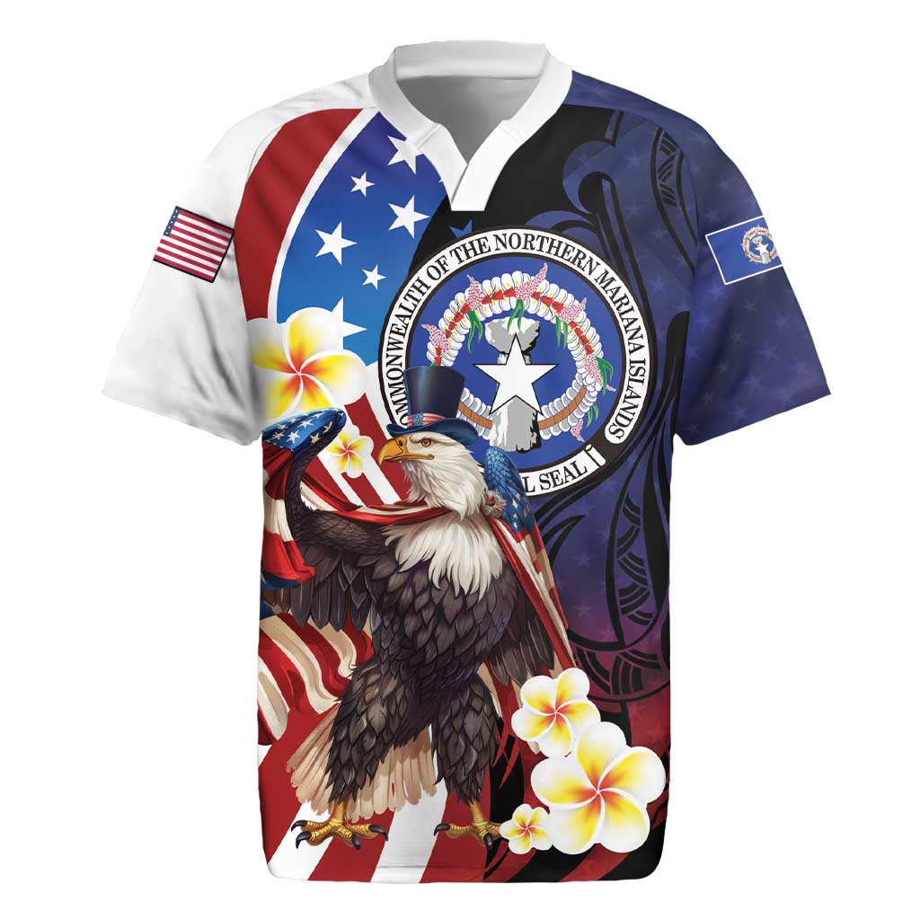 Personalized Northern Mariana Islands 4th of July Rugby Jersey Plumeria USA Eagle LT01 Multicolor - Polynesian Pride