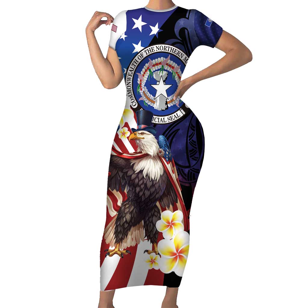 Personalized Northern Mariana Islands 4th of July Short Sleeve Bodycon Dress Plumeria USA Eagle