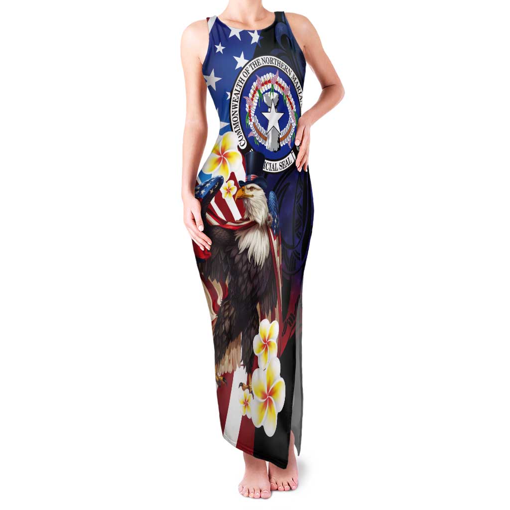Personalized Northern Mariana Islands 4th of July Tank Maxi Dress Plumeria USA Eagle LT01 Women Multicolor - Polynesian Pride