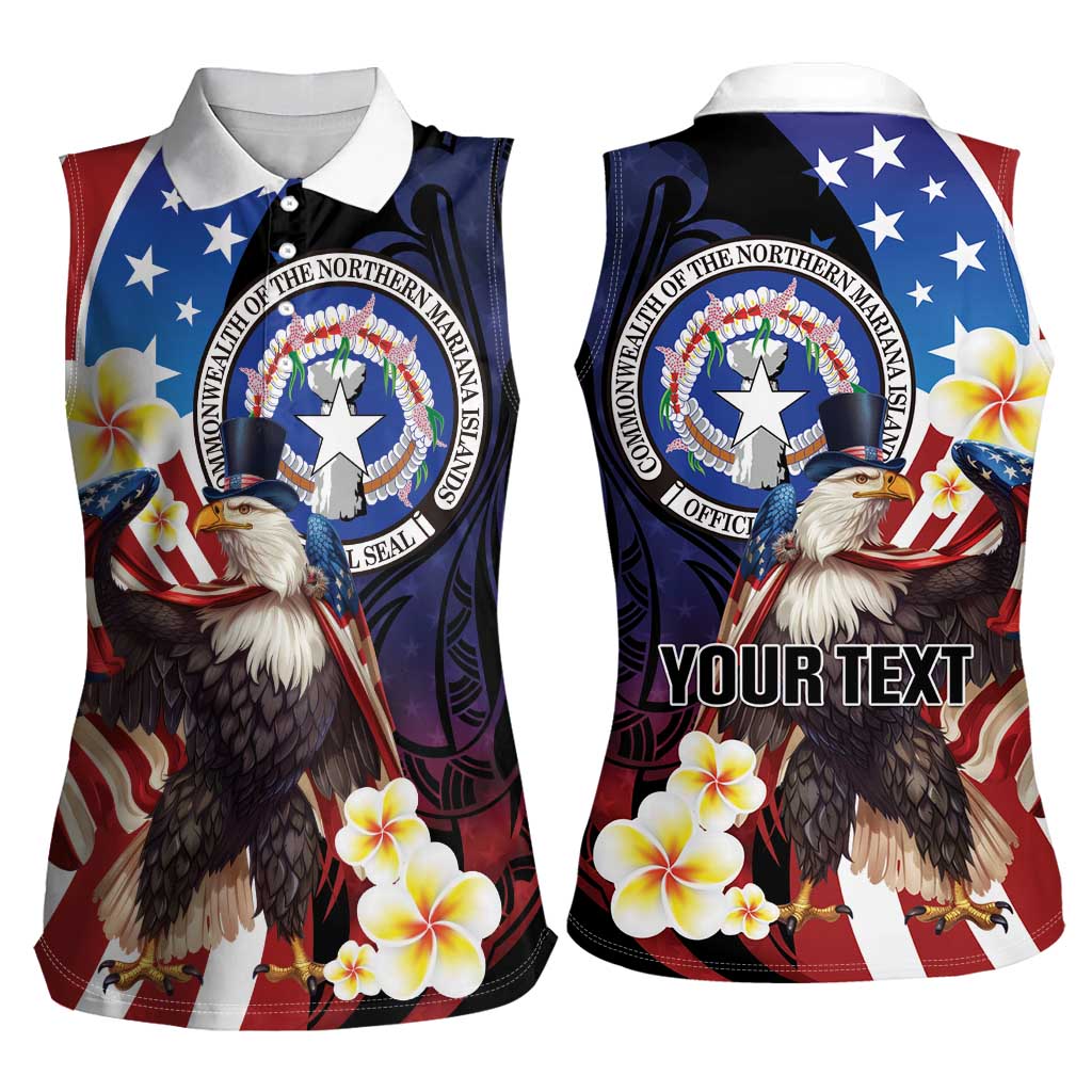 Personalized Northern Mariana Islands 4th of July Women Sleeveless Polo Shirt Plumeria USA Eagle LT01 - Polynesian Pride