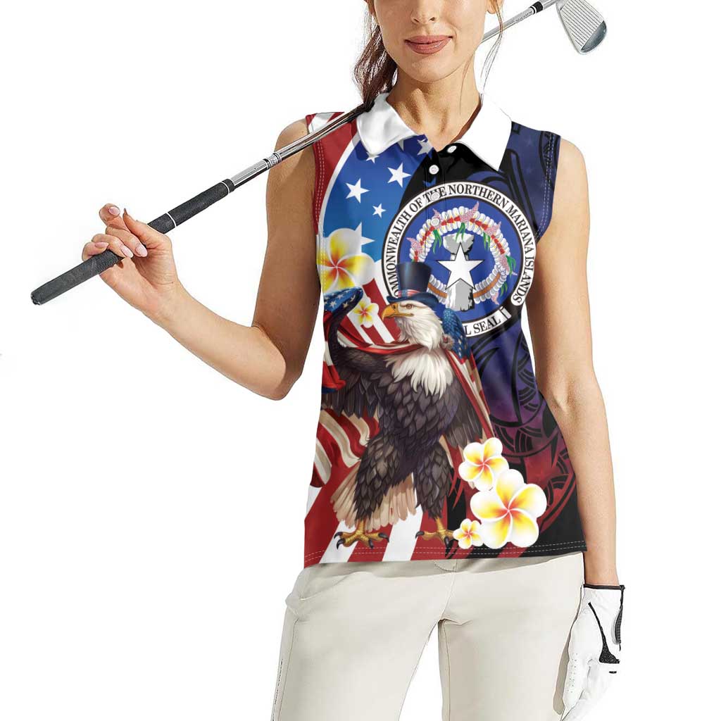 Personalized Northern Mariana Islands 4th of July Women Sleeveless Polo Shirt Plumeria USA Eagle LT01 - Polynesian Pride