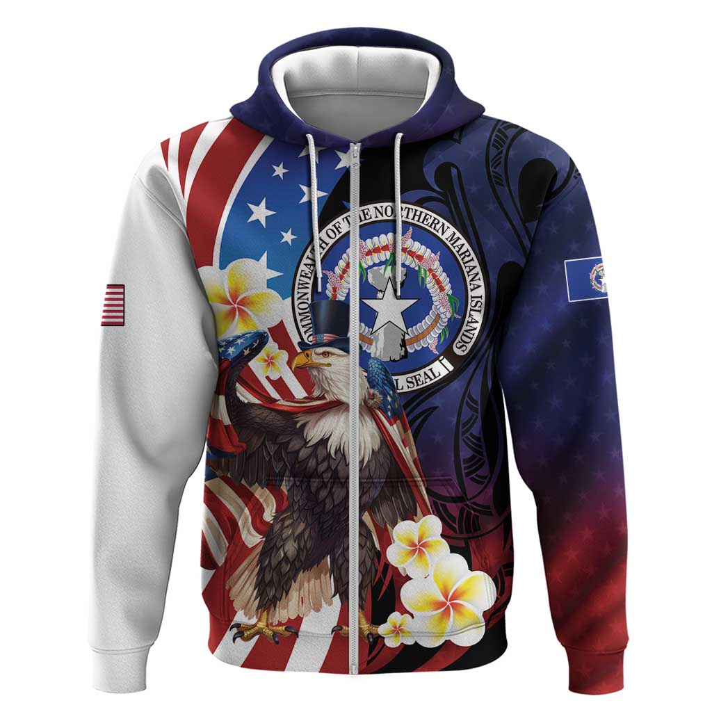 Personalized Northern Mariana Islands 4th of July Zip Hoodie Plumeria USA Eagle