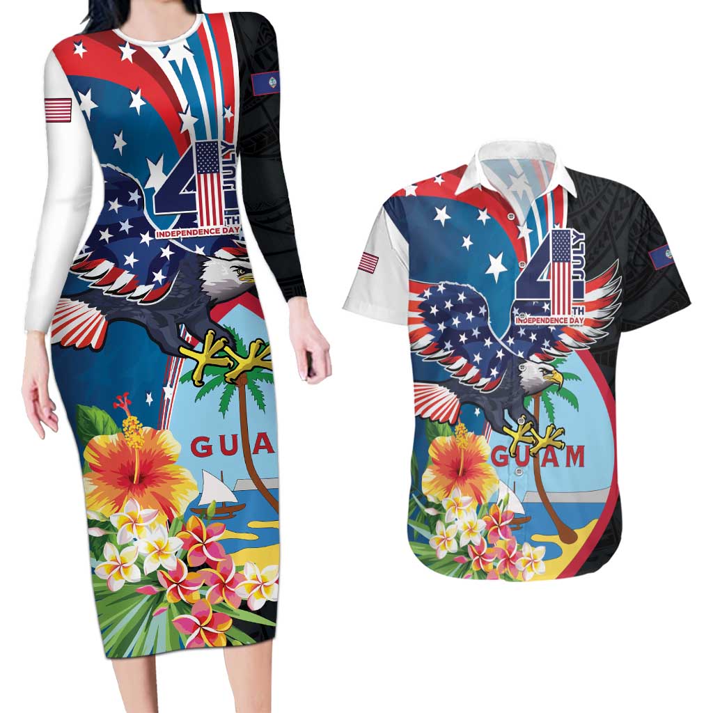 Personalized Guam Fourth of July Couples Matching Long Sleeve Bodycon Dress and Hawaiian Shirt Tropical Flowers