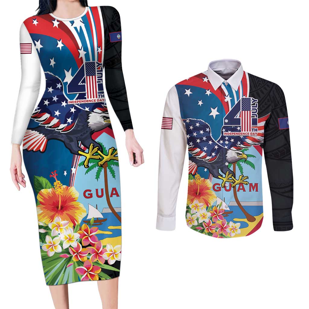 Personalized Guam Fourth of July Couples Matching Long Sleeve Bodycon Dress and Long Sleeve Button Shirt Tropical Flowers