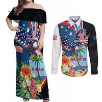 Personalized Guam Fourth of July Couples Matching Off Shoulder Maxi Dress and Long Sleeve Button Shirt Tropical Flowers