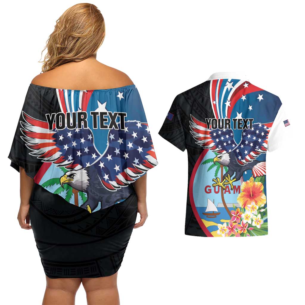 Personalized Guam Fourth of July Couples Matching Off Shoulder Short Dress and Hawaiian Shirt Tropical Flowers