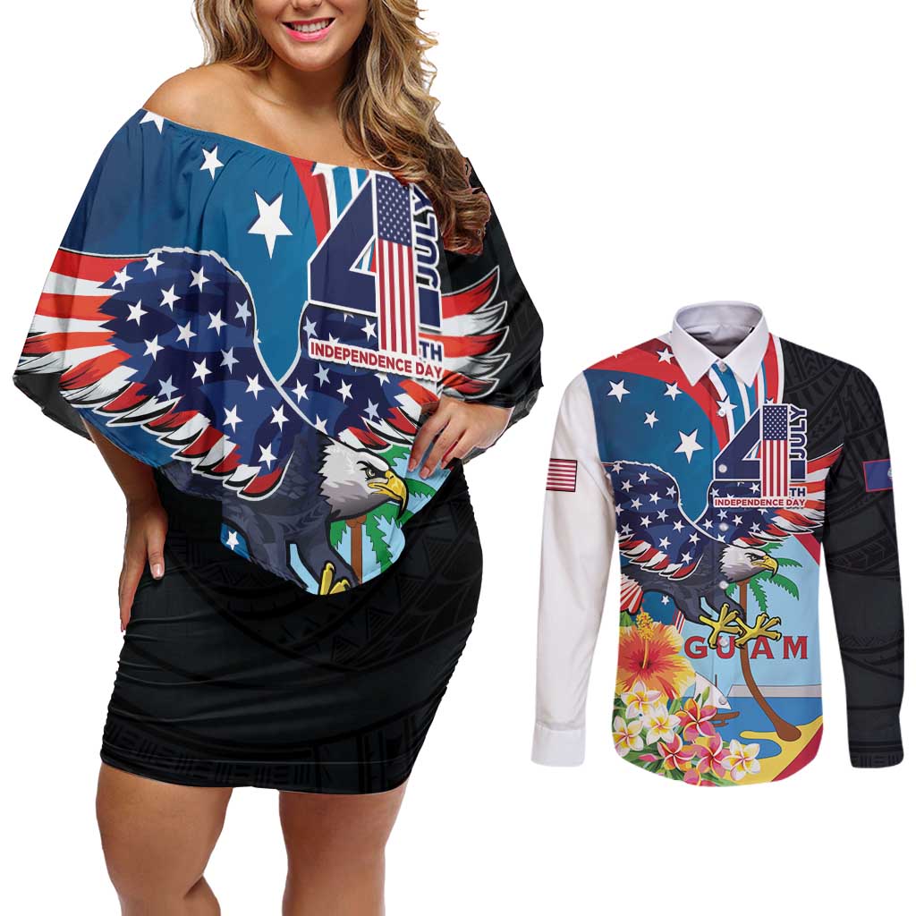 Personalized Guam Fourth of July Couples Matching Off Shoulder Short Dress and Long Sleeve Button Shirt Tropical Flowers