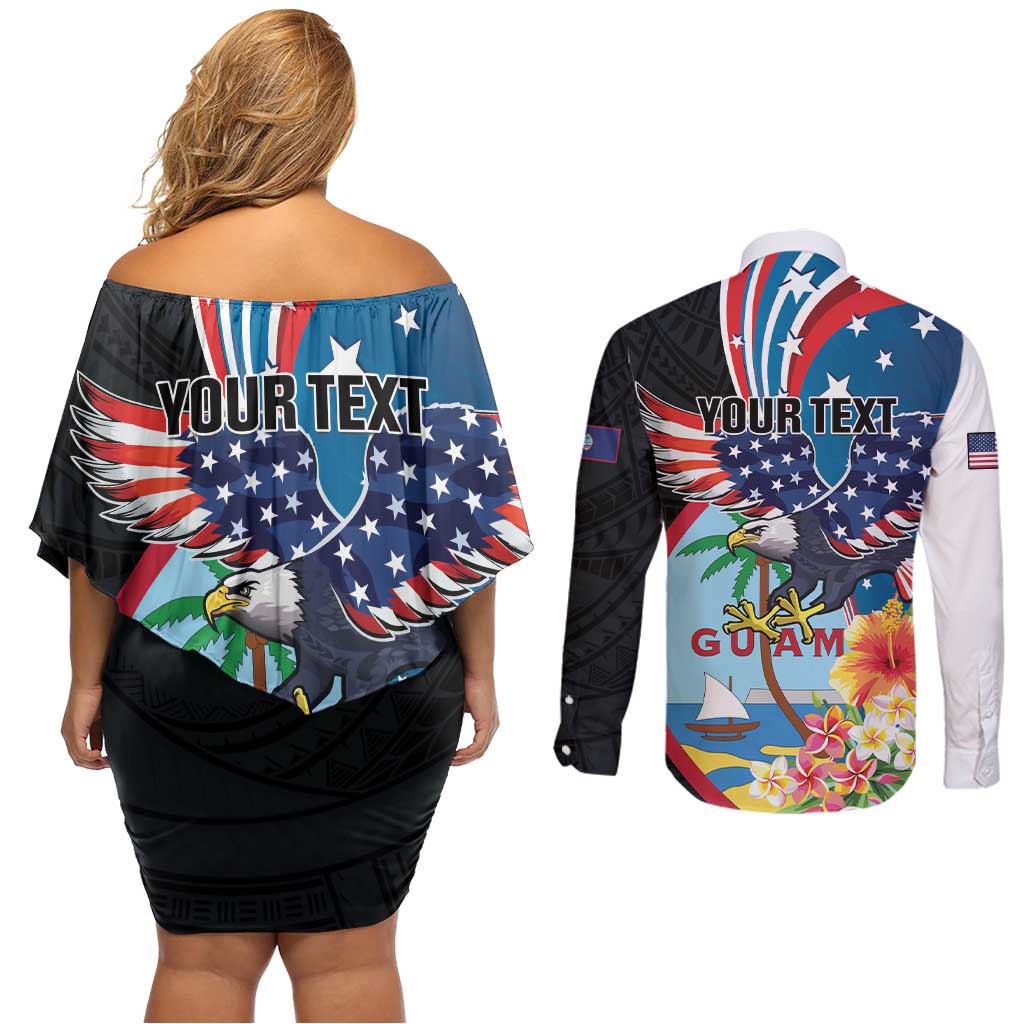 Personalized Guam Fourth of July Couples Matching Off Shoulder Short Dress and Long Sleeve Button Shirt Tropical Flowers