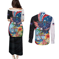 Personalized Guam Fourth of July Couples Matching Puletasi and Long Sleeve Button Shirt Tropical Flowers