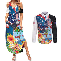 Personalized Guam Fourth of July Couples Matching Summer Maxi Dress and Long Sleeve Button Shirt Tropical Flowers