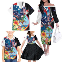 Personalized Guam Fourth of July Family Matching Off The Shoulder Long Sleeve Dress and Hawaiian Shirt Tropical Flowers
