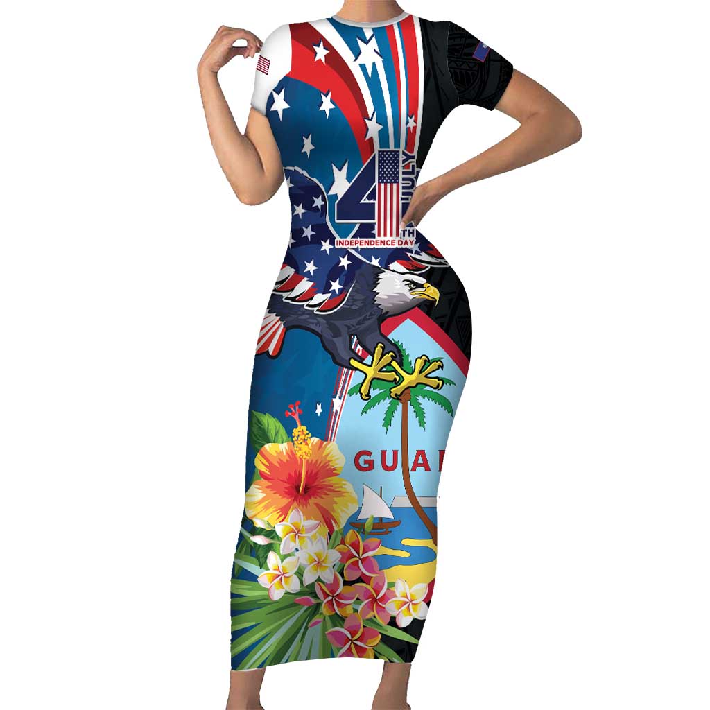 Personalized Guam Fourth of July Family Matching Short Sleeve Bodycon Dress and Hawaiian Shirt Tropical Flowers