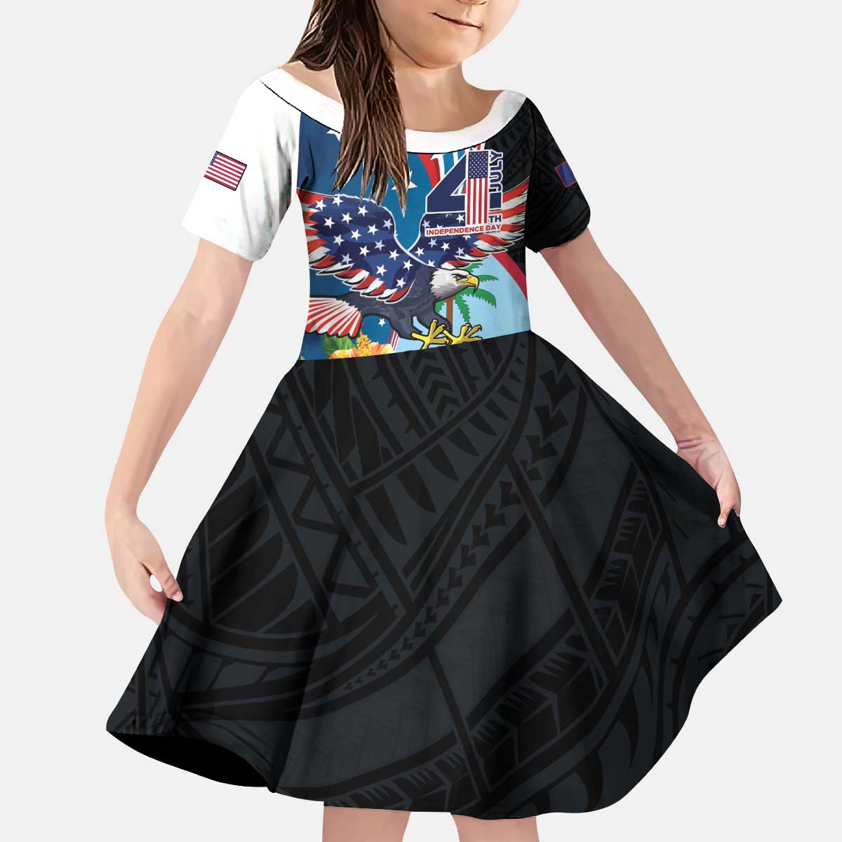 Personalized Guam Fourth of July Kid Short Sleeve Dress Tropical Flowers