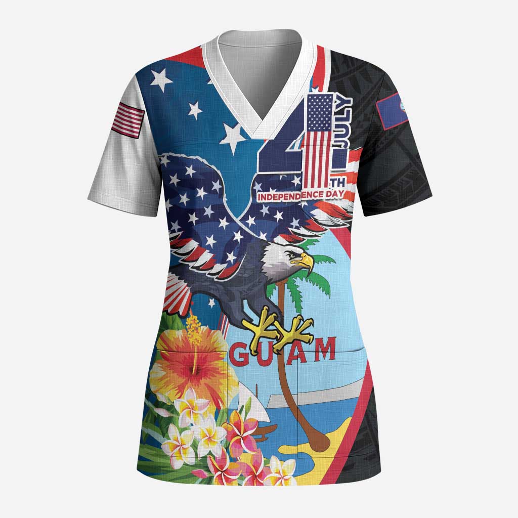 Personalized Guam Fourth of July Scrub Top Tropical Flowers - Polynesian Pride