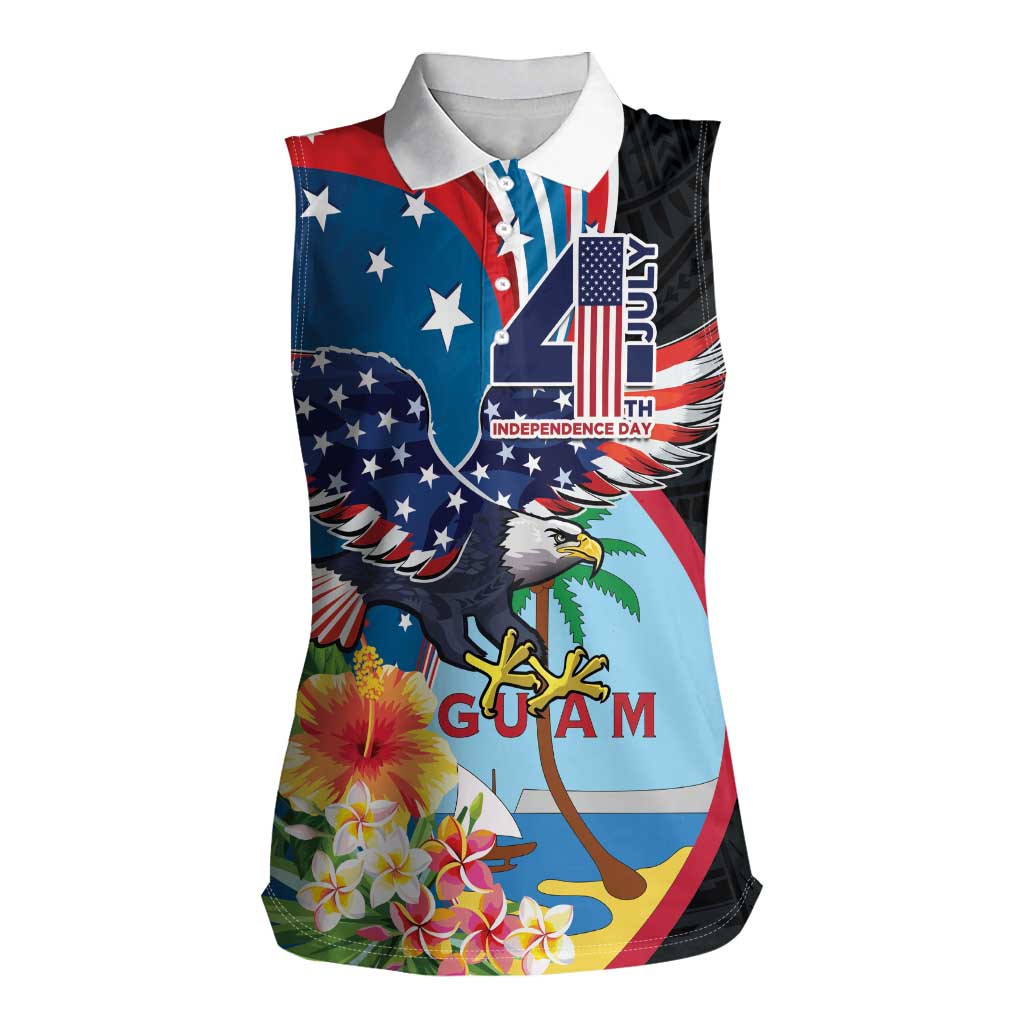 Personalized Guam Fourth of July Women Sleeveless Polo Shirt Tropical Flowers