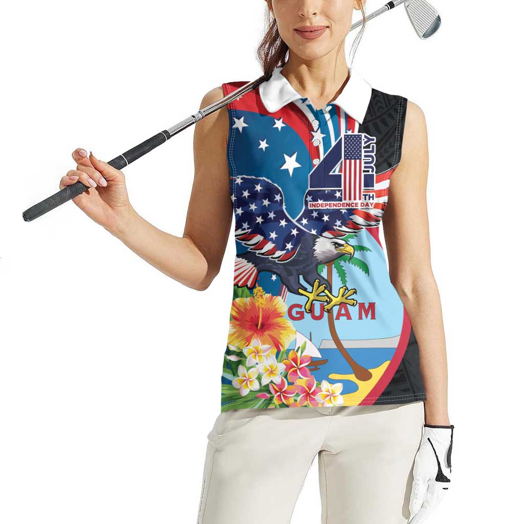 Personalized Guam Fourth of July Women Sleeveless Polo Shirt Tropical Flowers