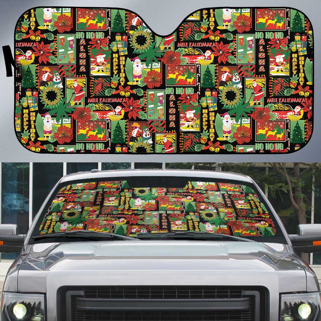 Hawaiian Santa Christmas Pattern Auto Sun Shade Black Version - Polynesian Pride