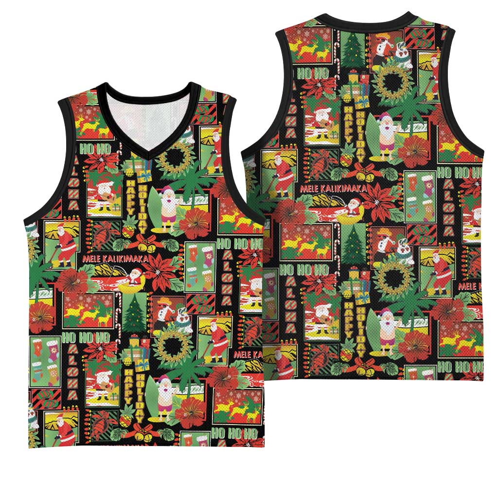 Hawaiian Santa Christmas Pattern Basketball Jersey Black Version - Polynesian Pride