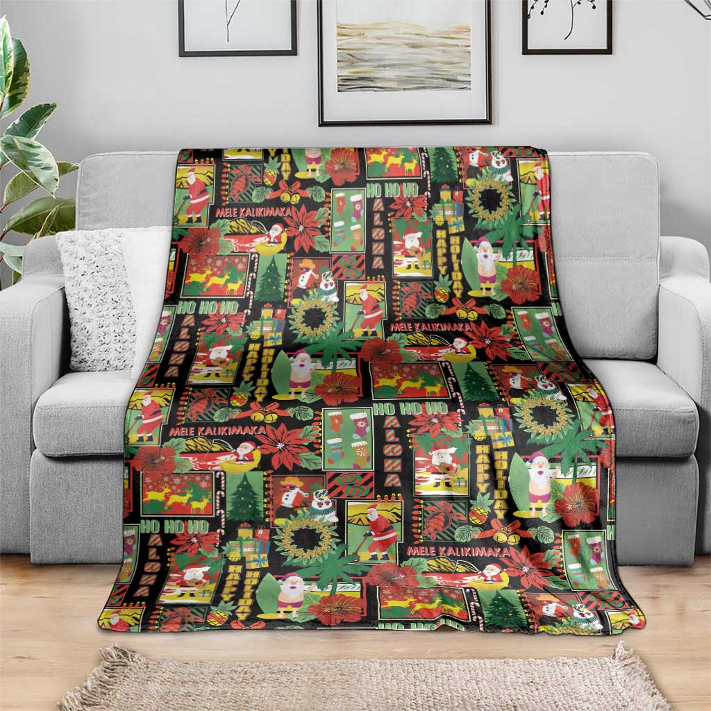 Hawaiian Santa Christmas Pattern Blanket Black Version - Polynesian Pride