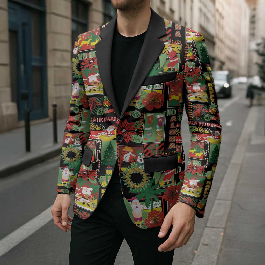 Hawaiian Santa Christmas Pattern Blazer Black Version - Polynesian Pride
