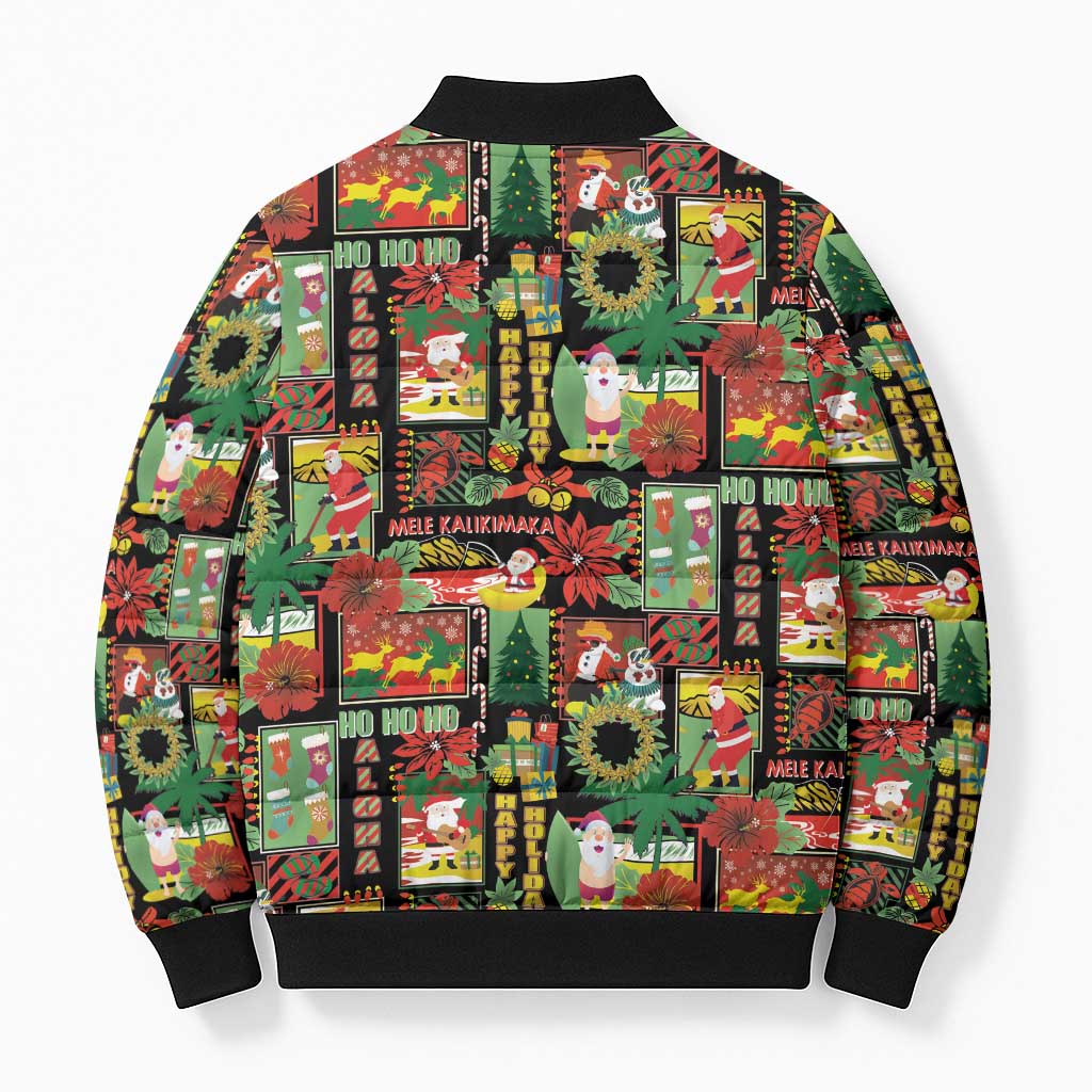 Hawaiian Santa Christmas Pattern Bomber Puffer Jacket Black Version - Polynesian Pride