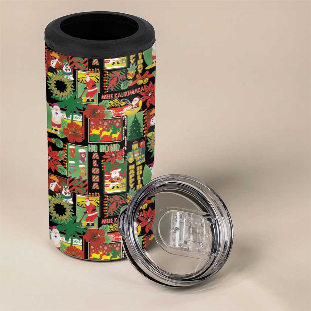 Hawaiian Santa Christmas Pattern 4 in 1 Can Cooler Tumbler Black Version - Polynesian Pride