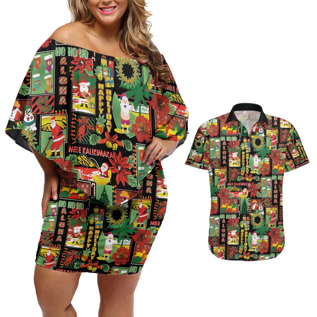 Hawaiian Santa Christmas Pattern Couples Matching Off Shoulder Short Dress and Hawaiian Shirt Black Version - Polynesian Pride