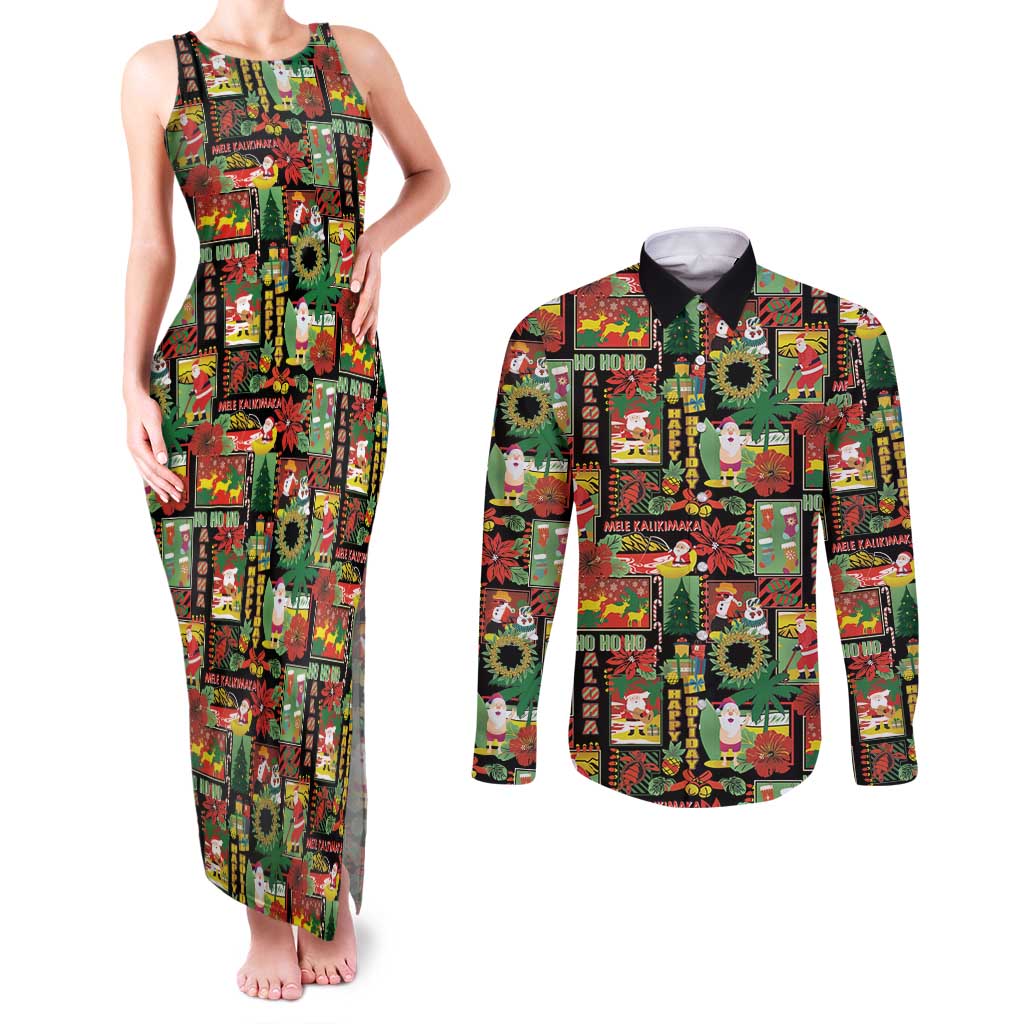 Hawaiian Santa Christmas Pattern Couples Matching Tank Maxi Dress and Long Sleeve Button Shirt Black Version - Polynesian Pride