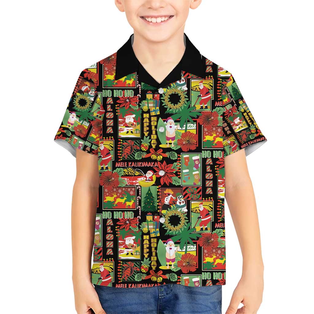 Hawaiian Santa Christmas Pattern Family Matching Long Sleeve Bodycon Dress and Hawaiian Shirt Black Version - Polynesian Pride