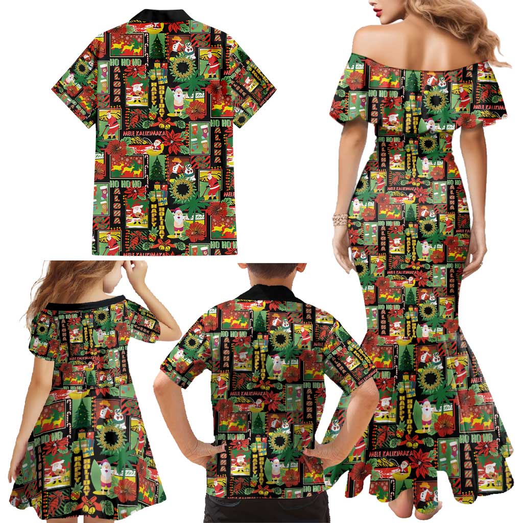 Hawaiian Santa Christmas Pattern Family Matching Mermaid Dress and Hawaiian Shirt Black Version - Polynesian Pride
