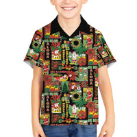 Hawaiian Santa Christmas Pattern Family Matching Off The Shoulder Long Sleeve Dress and Hawaiian Shirt Black Version - Polynesian Pride