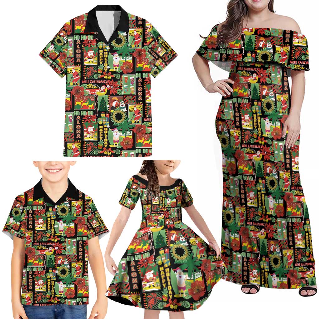 Hawaiian Santa Christmas Pattern Family Matching Off Shoulder Maxi Dress and Hawaiian Shirt Black Version - Polynesian Pride