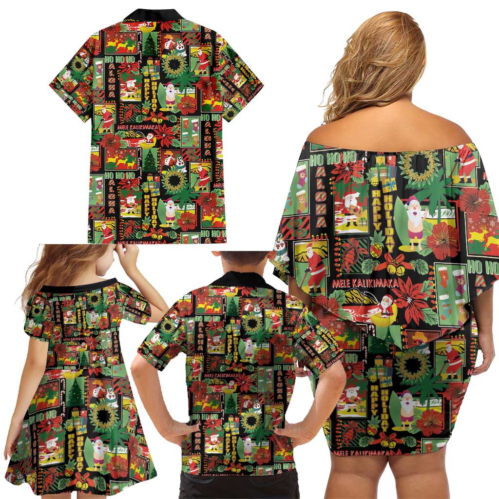 Hawaiian Santa Christmas Pattern Family Matching Off Shoulder Short Dress and Hawaiian Shirt Black Version - Polynesian Pride