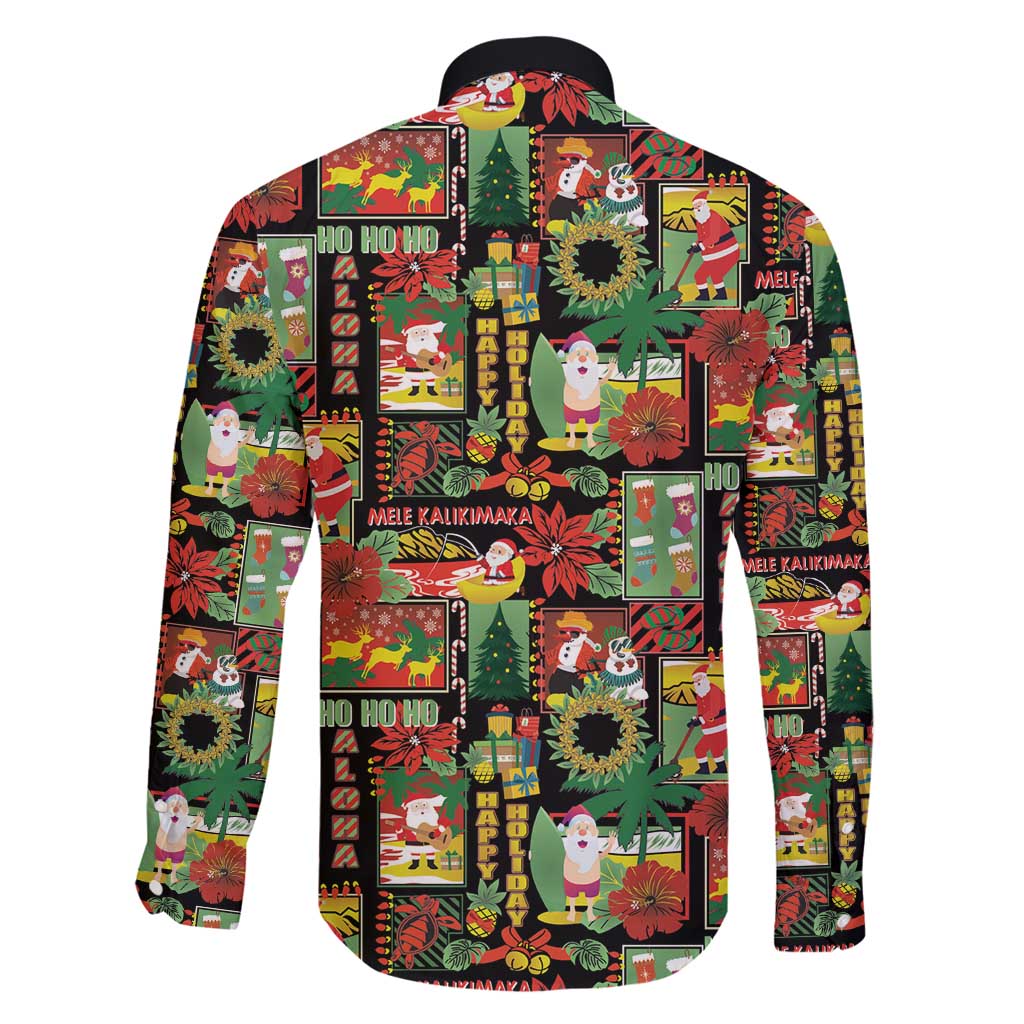 Hawaiian Santa Christmas Pattern Family Matching Off Shoulder Short Dress and Hawaiian Shirt Black Version - Polynesian Pride