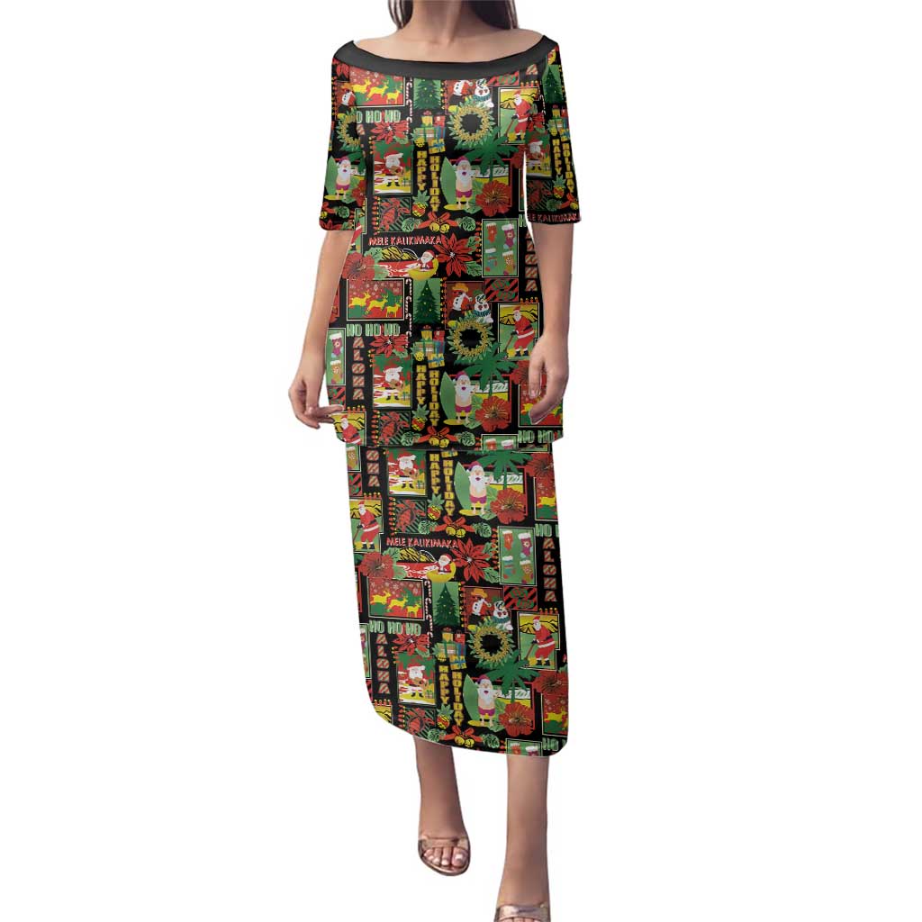 Hawaiian Santa Christmas Pattern Family Matching Puletasi and Hawaiian Shirt Black Version - Polynesian Pride