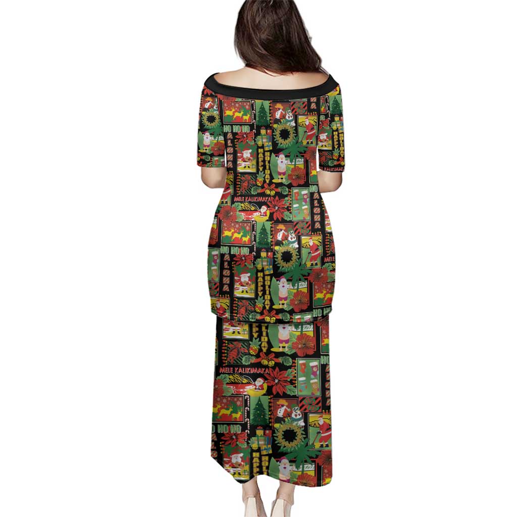 Hawaiian Santa Christmas Pattern Family Matching Puletasi and Hawaiian Shirt Black Version - Polynesian Pride