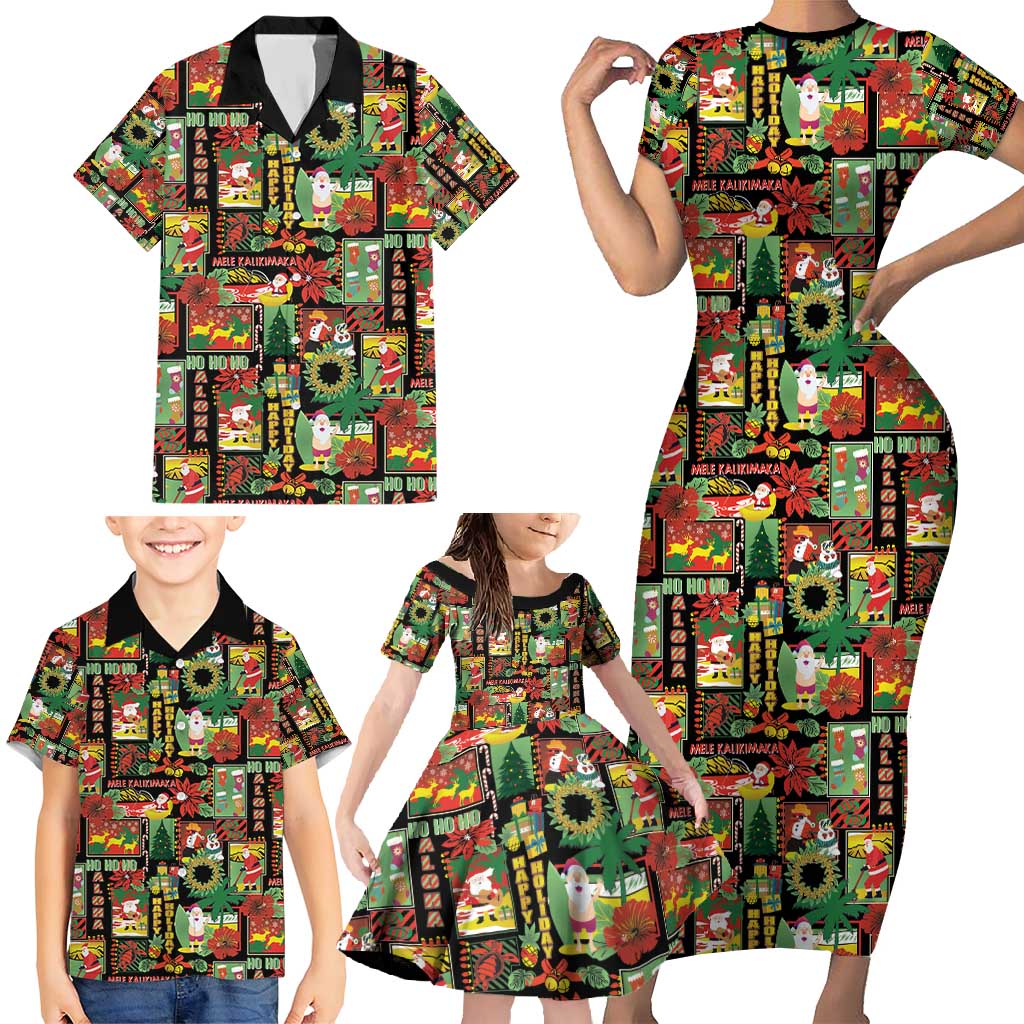 Hawaiian Santa Christmas Pattern Family Matching Short Sleeve Bodycon Dress and Hawaiian Shirt Black Version - Polynesian Pride