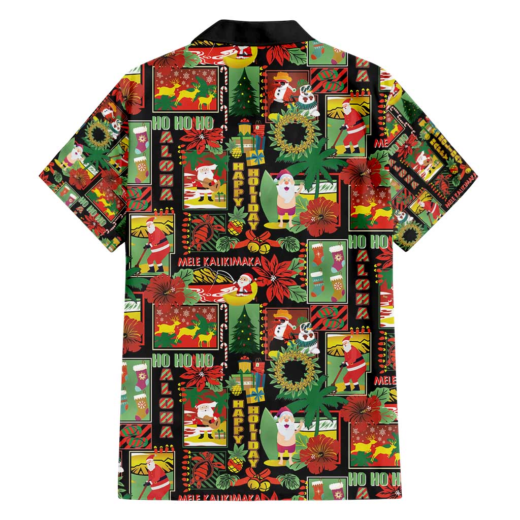 Hawaiian Santa Christmas Pattern Family Matching Short Sleeve Bodycon Dress and Hawaiian Shirt Black Version - Polynesian Pride