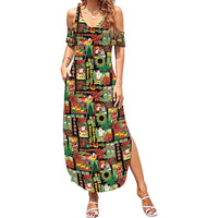 Hawaiian Santa Christmas Pattern Family Matching Summer Maxi Dress and Hawaiian Shirt Black Version - Polynesian Pride