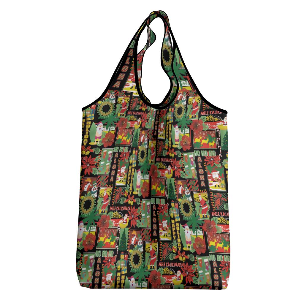 Hawaiian Santa Christmas Pattern Grocery Bag Black Version - Polynesian Pride