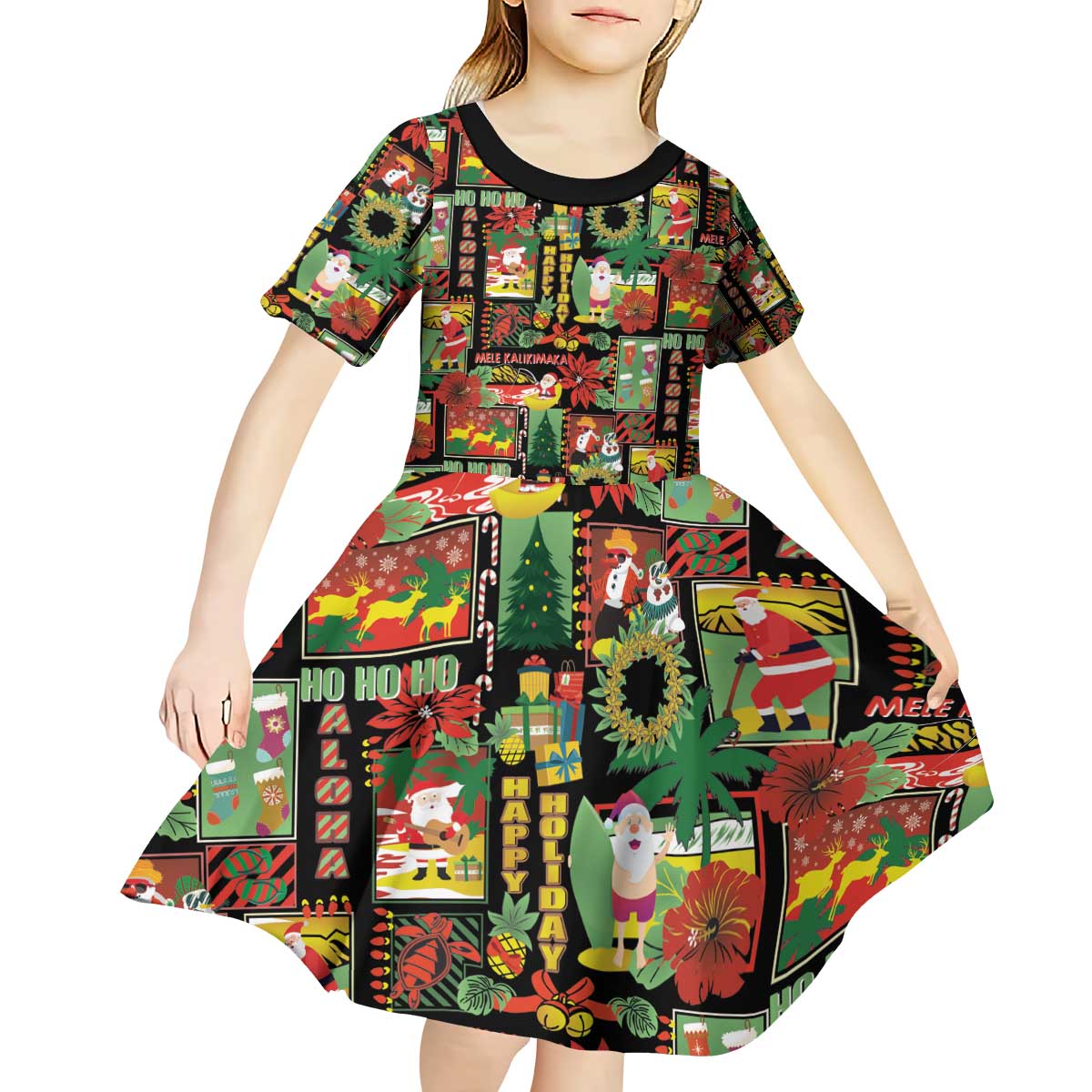 Hawaiian Santa Christmas Pattern Kid Short Sleeve Dress Black Version - Polynesian Pride