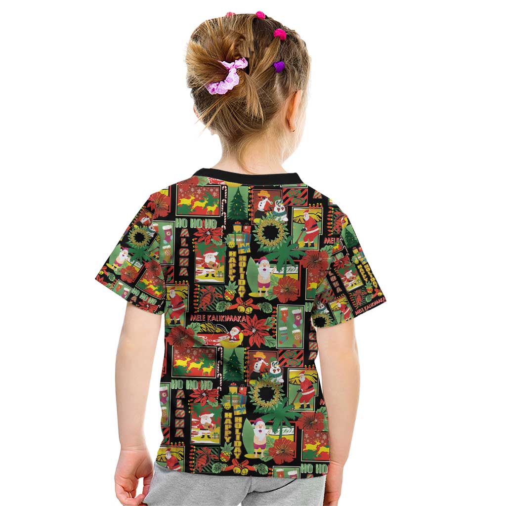 Hawaiian Santa Christmas Pattern Kid T Shirt Black Version - Polynesian Pride