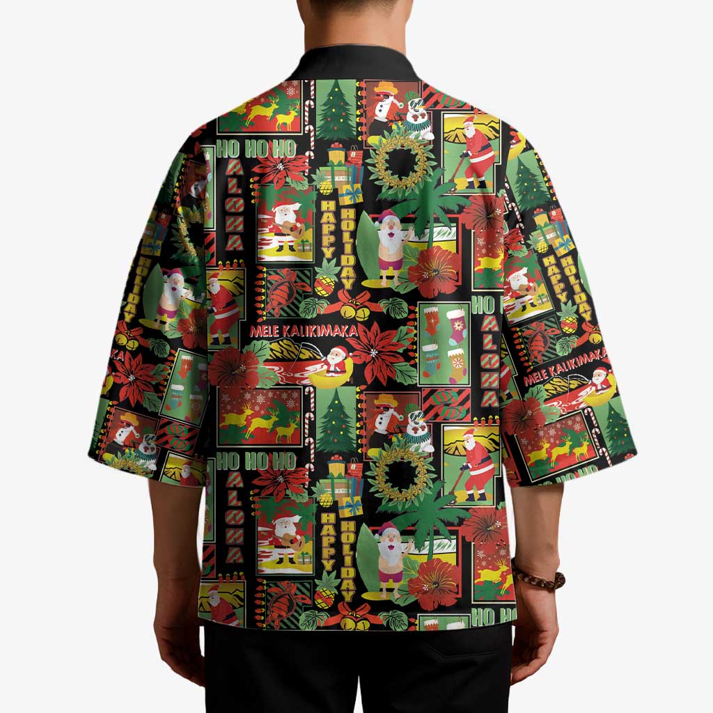 Hawaiian Santa Christmas Pattern Kimono Black Version - Polynesian Pride