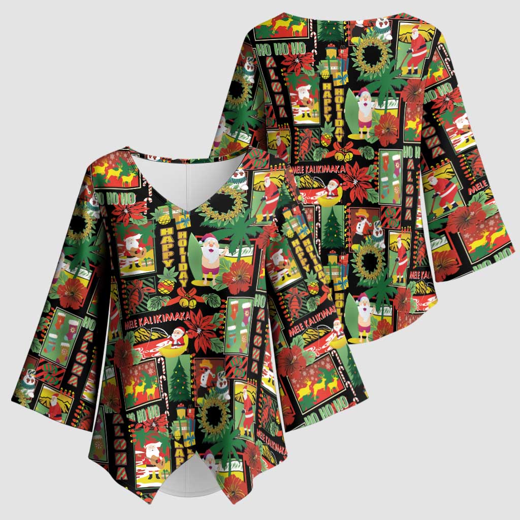 Hawaiian Santa Christmas Pattern Kimono Sleeve Blouse Black Version - Polynesian Pride