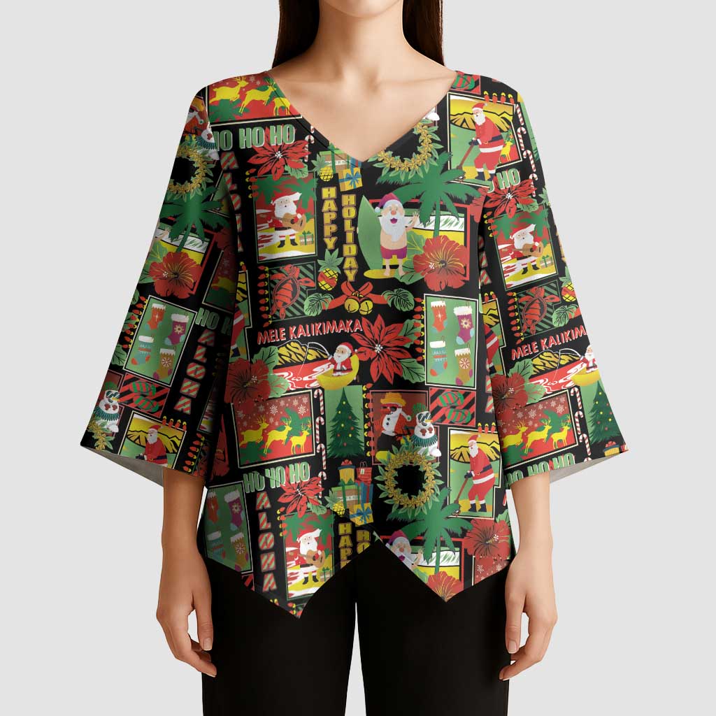 Hawaiian Santa Christmas Pattern Kimono Sleeve Blouse Black Version - Polynesian Pride