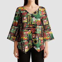 Hawaiian Santa Christmas Pattern Kimono Sleeve Blouse Black Version - Polynesian Pride