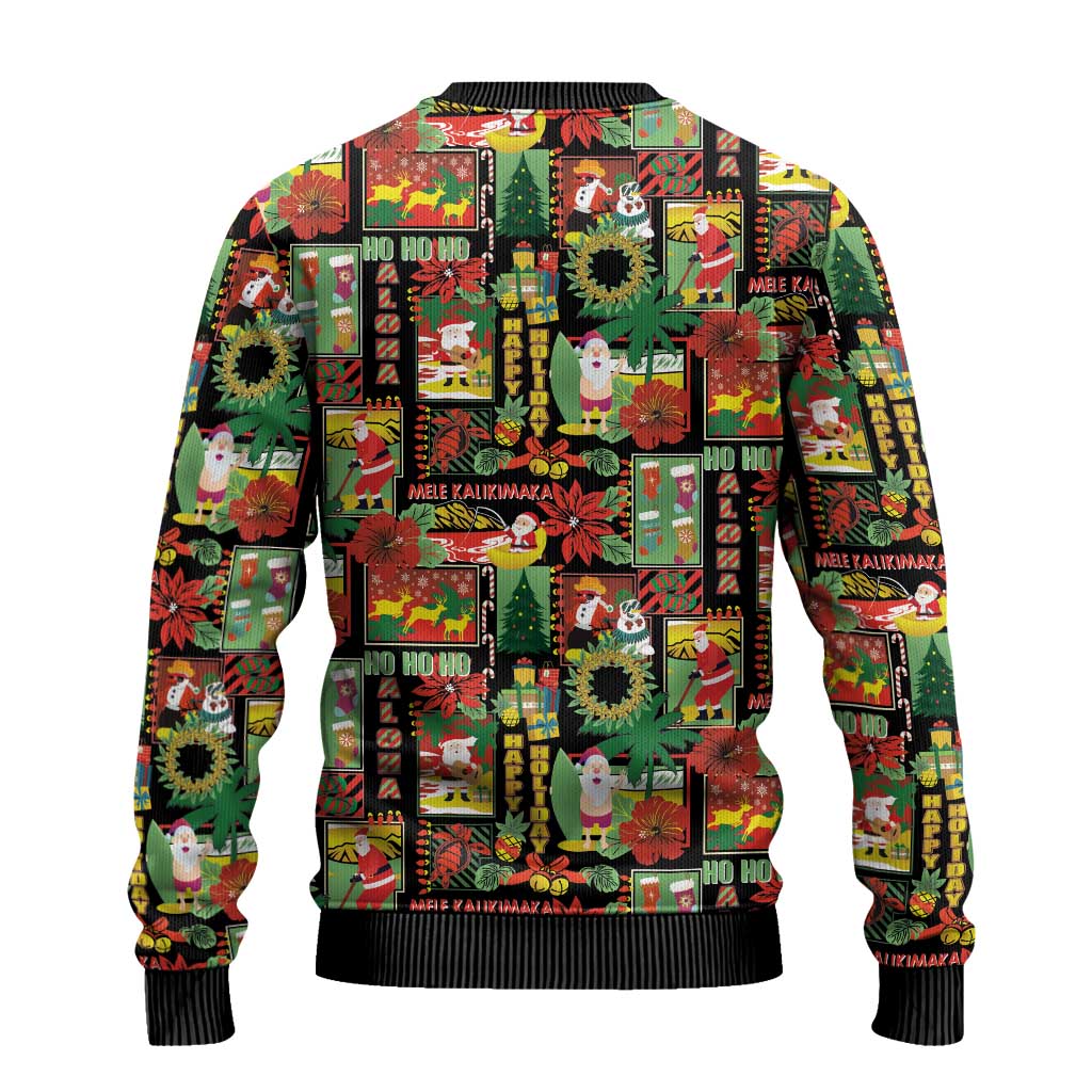 Hawaiian Santa Christmas Pattern Ugly Christmas Sweater Black Version - Polynesian Pride