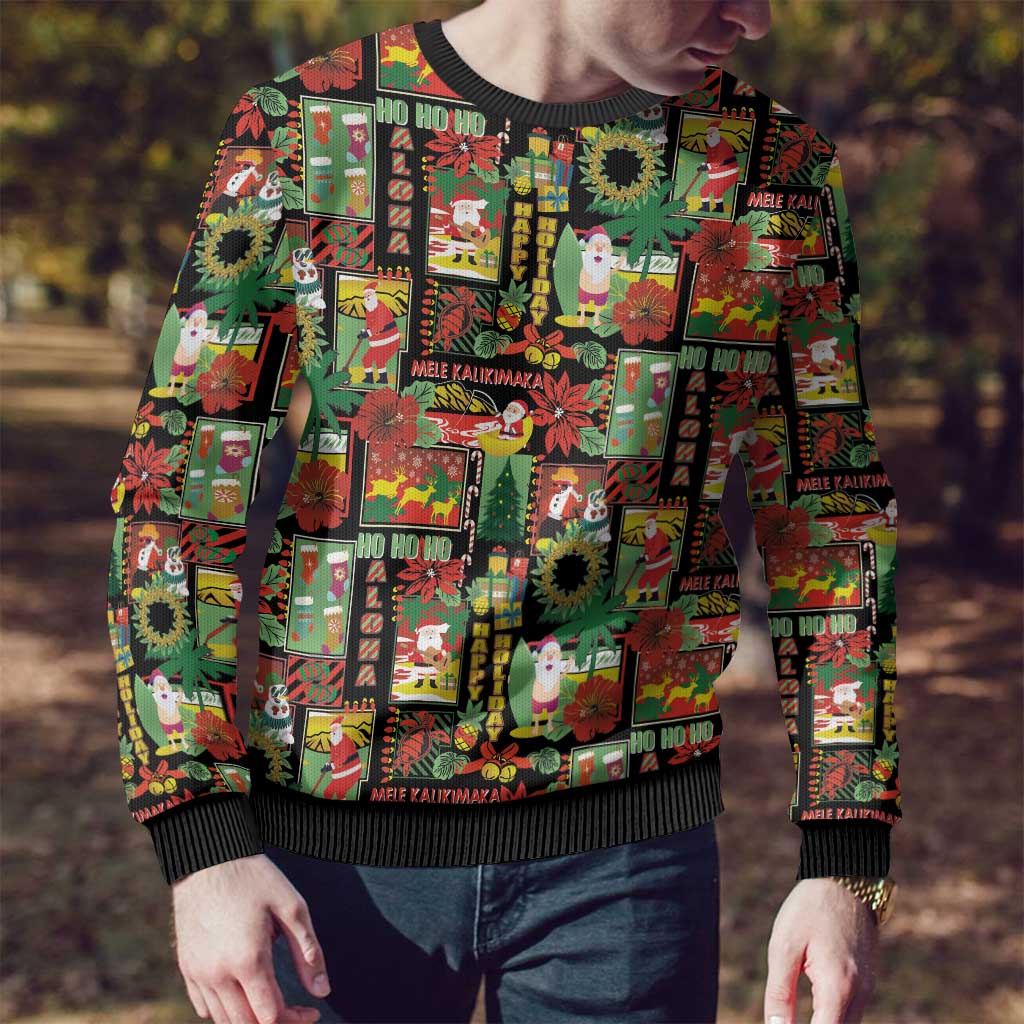 Hawaiian Santa Christmas Pattern Ugly Christmas Sweater Black Version - Polynesian Pride