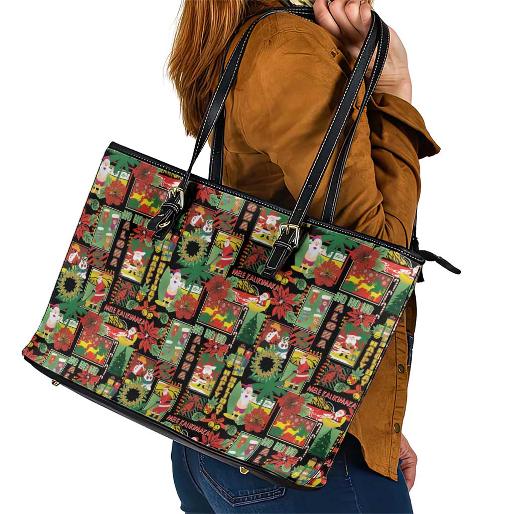 Hawaiian Santa Christmas Pattern Leather Tote Bag Black Version - Polynesian Pride